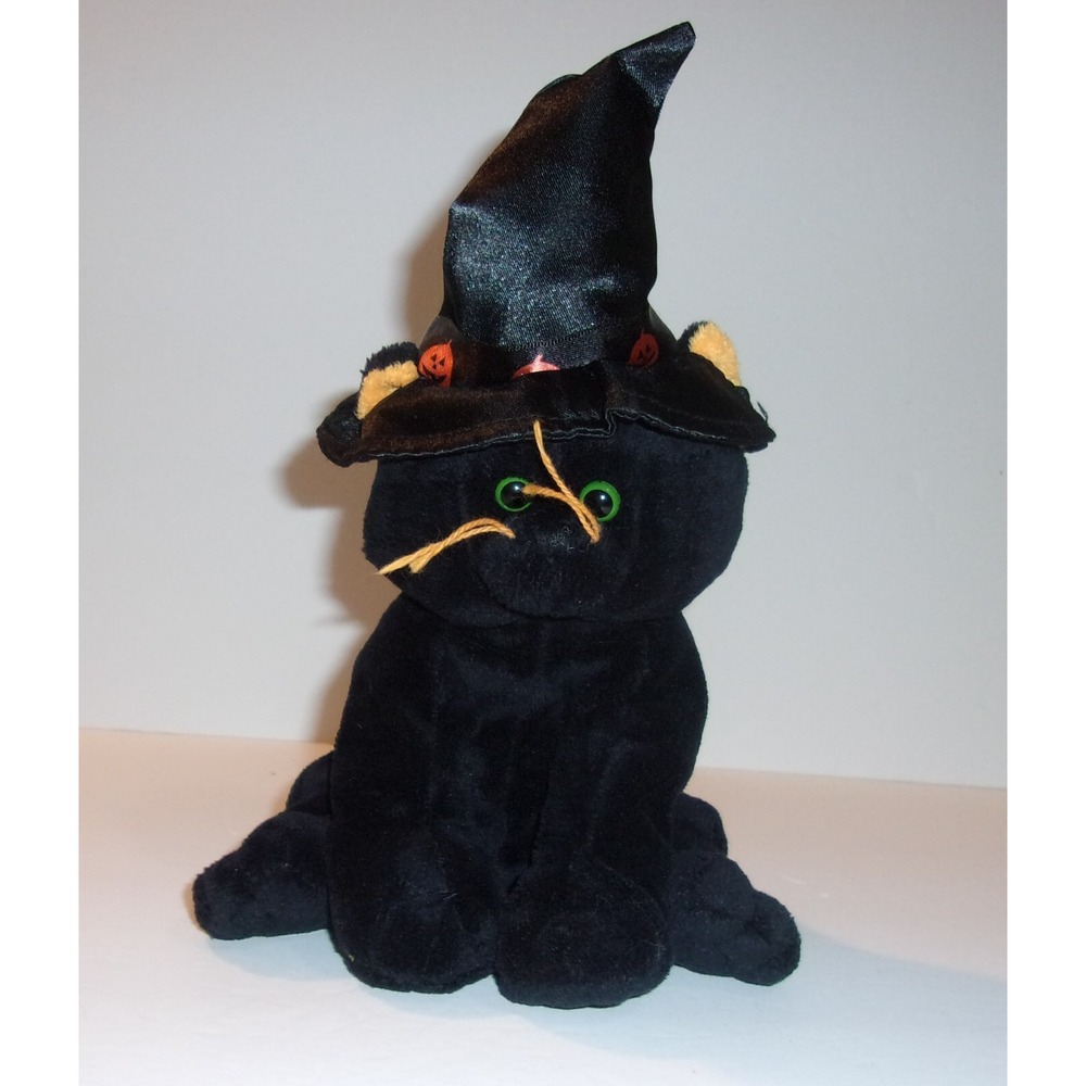 Ty Pluffies Spooksie Black Cat Halloween Witch Hat Bean Bag Plush 2007 TyLux 9"